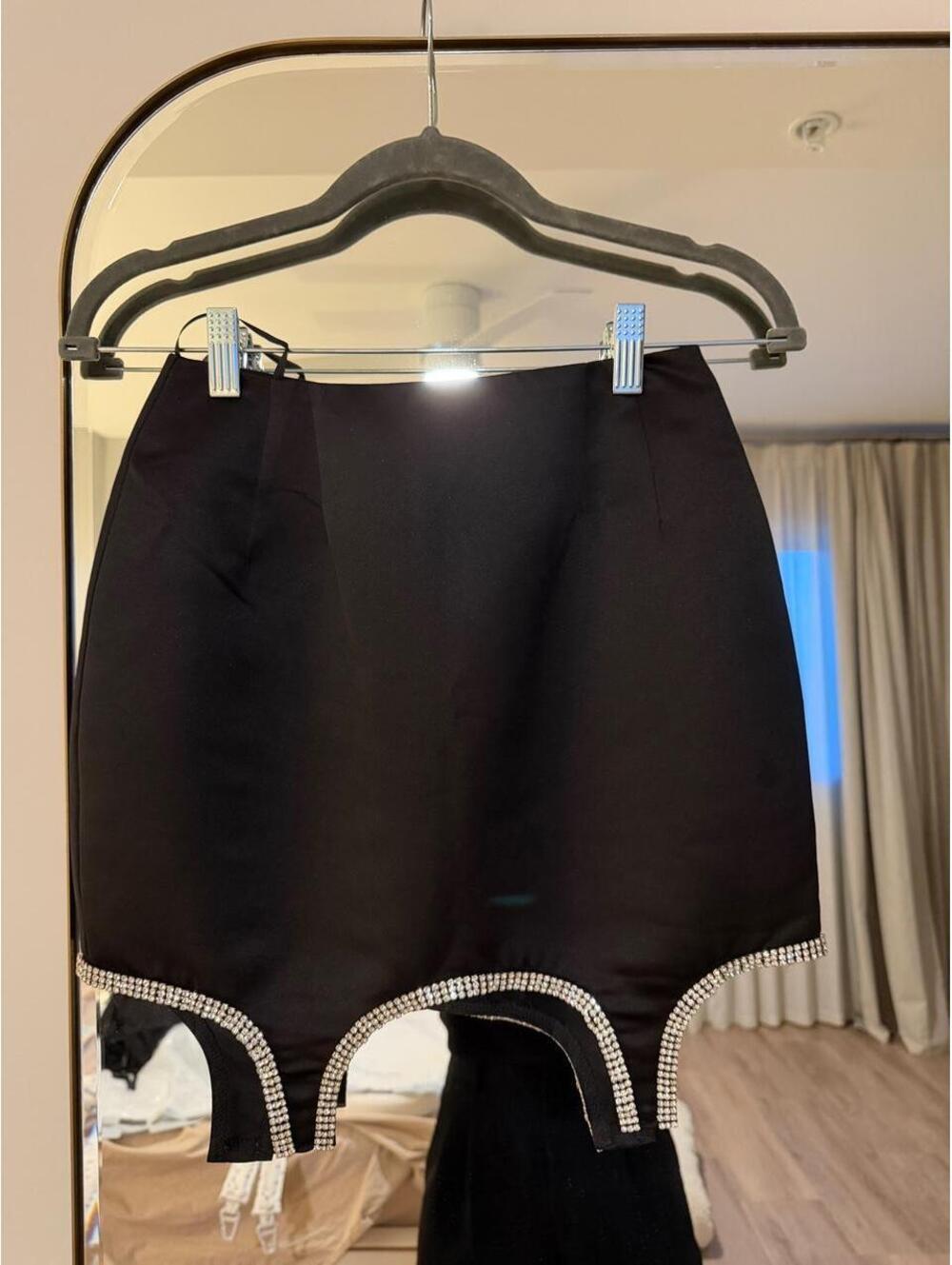 Black satin mini skirt with rhinestone trim size XS